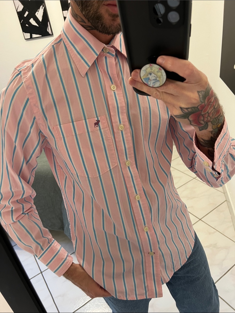 Abercrombie & Fitch Pink Striped Button-Down Shirt with Blue and White Accents